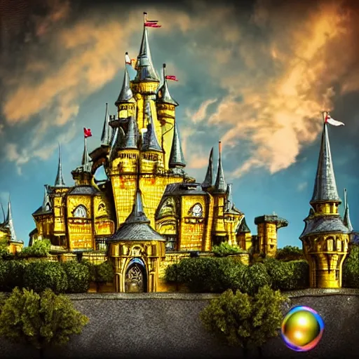 Prompt: a irisdescent bubble flies high in the clouds. a magical mirror castle floats in this bubble, with yellow diamonds on the facade and many filigree turrets, insanely detailed, 8 k, 3 d, splendid