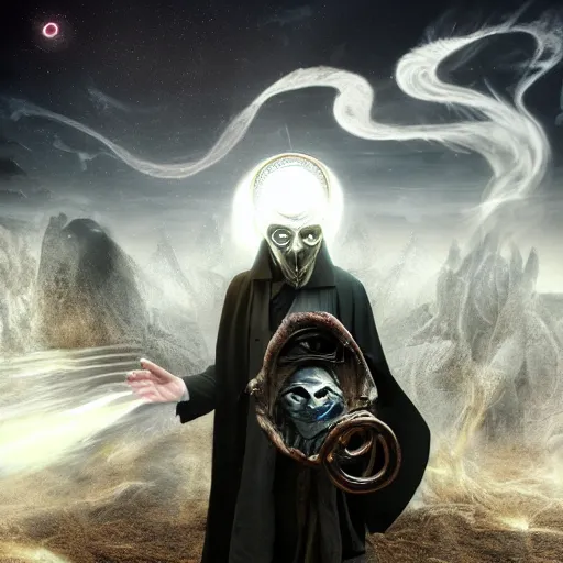 Image similar to sandman god of dreams wearing an plague - doctor mask, deliver me cosmic sight,, by patrick woodroffe, by igor morski, by lauri lipton, valley of the damned background, cinematic lighting, volumetric lighting, neosurrealism, realistic shadows, sandman, particle effects, rendered in octane, fantasy