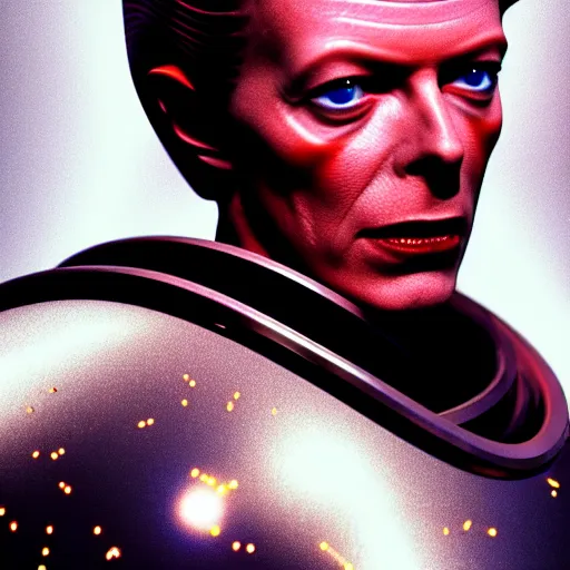 Prompt: portrait of david bowie wearing a rocknroll glitzy glamour spacesuit, beautiful, heroic action pose, stunning alien landscape, cinematic, dramatic studio lighting, close up, in the style of kubrick, ridley scott, jodorowsky, dune, star wars, transformers, moulin rouge, tron, science fiction, illustration, 3 d sculpture octane render