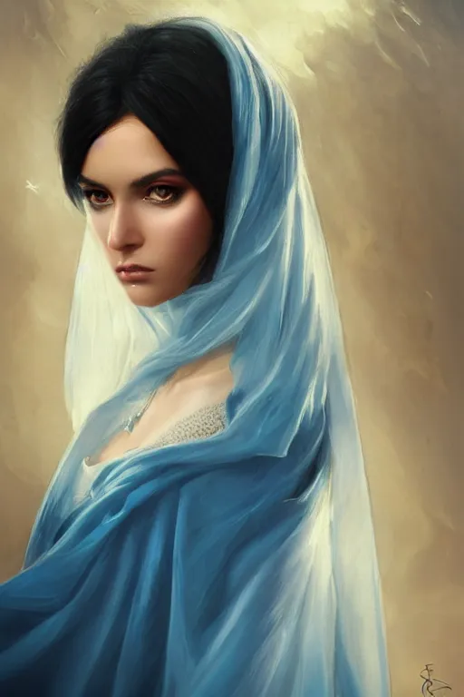 Image similar to modern tanned Ameera al-Taweel, bright blue eyes, wavy black hair, white veil, closeup, focus face, elegant, highly detailed, centered, oil painting, artstation, concept art by tom bagshaw