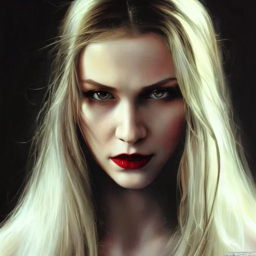 Prompt: close up face of a extremely beautiful bond female VAMPIRE portrait, Masterpiece!!!, oil on canvas, artgerm, norman rockwell, craig mulins, trending on pxiv,