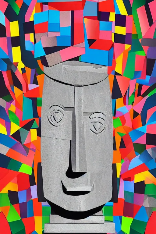 Image similar to cubist moai statue cutout digital illustration cartoon colorful beeple