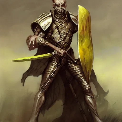 Image similar to ( ( ( quarter length portrait of a gaunt noseless yellow - skinned bald githyanki warrior in a breastplate, wielding a magical silver greatsword ) ) ), greg rutkowski, frank frazetta, alexandre chaudret, boris vallejo, michael whelan, miro petrov, magali villeneuve, donato giancola, d & d