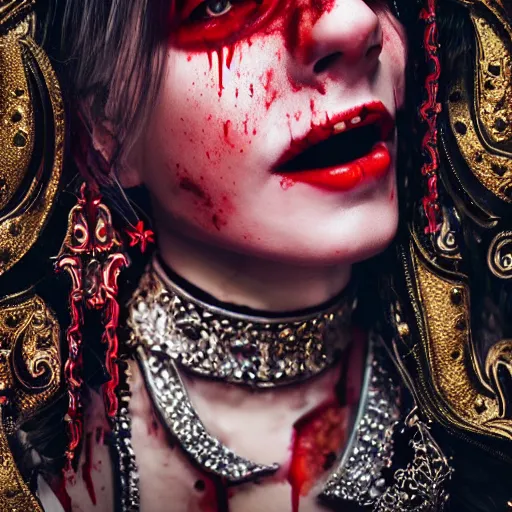 Prompt: portrait of vampire woman with blood dripping from the teeth in her mouth, beautiful, attractive, glowing, ornate and intricate, jaw dropping, dynamic lighting, colorful, fantasy, intricate and detailed, 4 k octane render