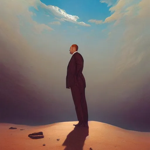 Prompt: a beautiful painting of a man in a suit stands on the redsea by greg rutkowski and zdzisław beksinski and rene magritte, in style of digital art. hyper detailed, sharp focus, soft light. unreal engine 5. ray tracing. trending on artstation