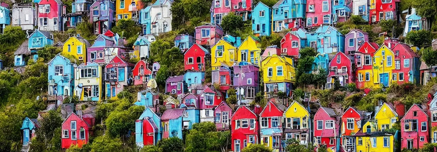 Image similar to quirky surreal naive terraced houses designed by alexander jansson, bright colors