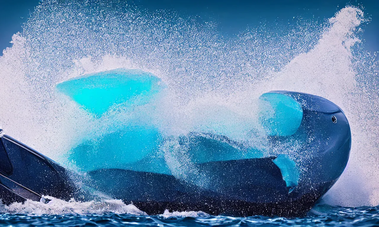 Image similar to speeding luxury motorboat at open sea by national geographic blue earth, breaking wave, sprayed, foam, high speed photography, dramatic camera angle, close up, low camera angle, award winning photography