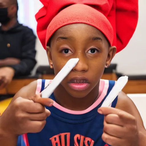 Prompt: nba young boy, wearing a skirt, in a nail salon, holding a sword