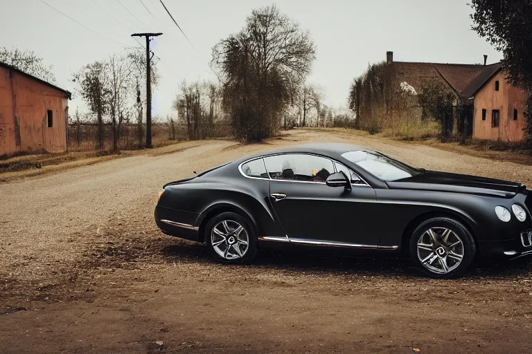 Image similar to modern rusty matte tired Bentley Continental GT without gloss no reflections drives along the road of an old Russian village with houses at the edges