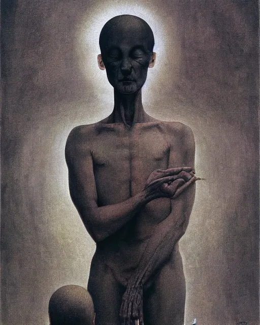 Prompt: man woman into one change and praying by beksinski, carrington, bosch, dali, barlowe, magritte