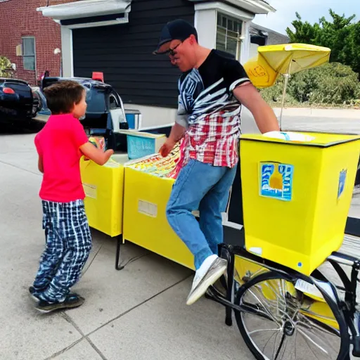 Image similar to a man pushing over a kid's lemonade stand