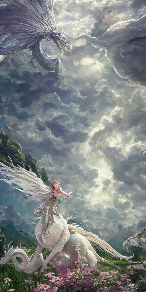 Image similar to the beautiful hyper detailed scene render that a beautiful princess sitting on the back of a huge silver white dragon alone in fairyland surrounded by white clouds, finely detailed angelic face delicate features, style of studio ghibli, makoto shinkai, raphael lacoste, louis comfort tiffany, artgerm, james jean, ross tran, animation style, hd, ultra wide angle