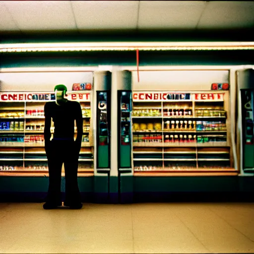 Prompt: cinestill 5 0 d photograph of the inside of an empty convenience store, liminal space, lonely, mannequins, black mold, 3 5 mm, raw, unedited, 8 k, hd, the fifth element