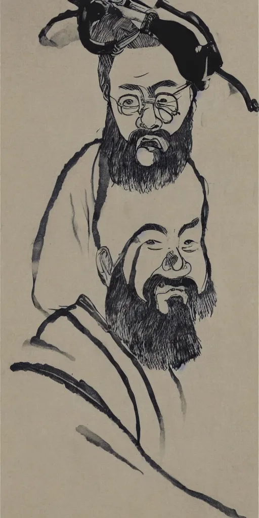 Image similar to confucius wearing vr headset, chinese ink painting