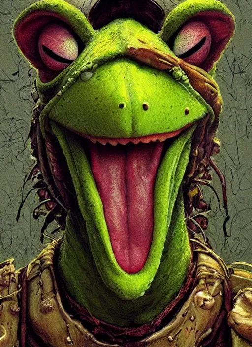 Prompt: portrait of Kermit the frog from Evil Dead (2013), intricate, highly detailed, centered, digital painting, artstation, concept art, smooth, sharp focus, illustration, artgerm, donato giancola, Joseph Christian Leyendecker, WLOP, Artgerm