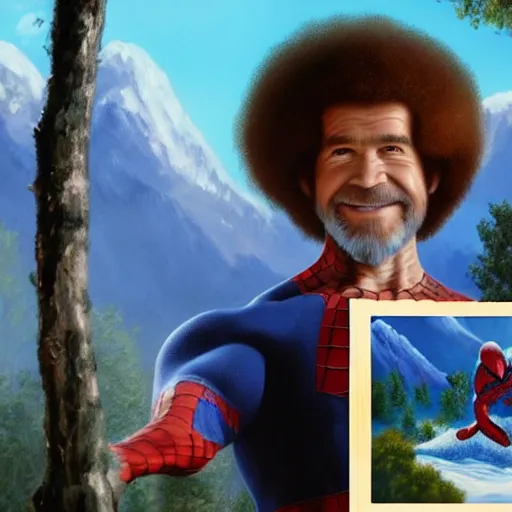 Image similar to a closeup photorealistic photograph of bob ross working on a canvas painting of spiderman. film still. brightly lit scene. mountains and trees. this 4 k hd image is trending on artstation, featured on behance, well - rendered, extra crisp, features intricate detail, epic composition and the style of unreal engine.