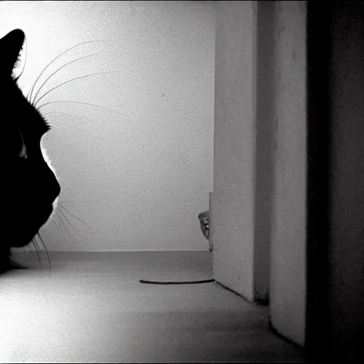 Prompt: depiction of the feeling of hopelessness, worthlessness, loneliness, of a cat, sad, frightening, depressing, miserable, stunning, intelligent, stark, vivid, sharp, crisp, ultra ambient occlusion, reflective, universal shadowing, 3 5 mm, ( 2 0 8 6 ) scary horror film still, extremely atmospheric lighting.