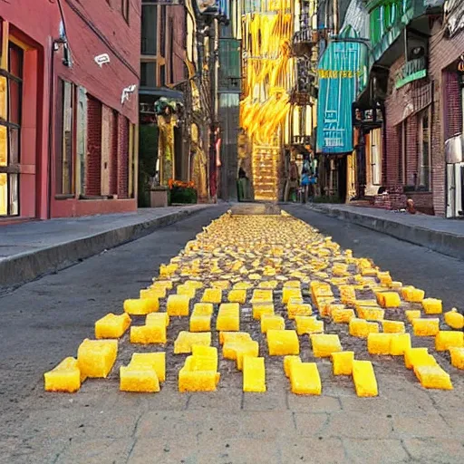 Prompt: city street, street made of cheese, sidewalk made of lettuce, buildings made of sausage, intricate, beautiful lighting