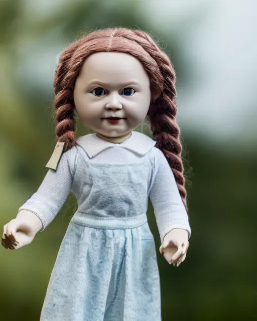 Image similar to high quality presentation photo of a cute greta thunberg porcelain doll, photography 4k, f1.8 anamorphic, bokeh, 4k, Canon, Nikon