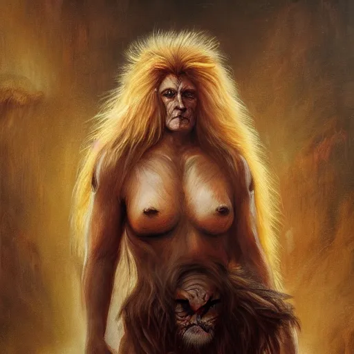 Prompt: lion woman, elden ring boss, matte painting, detailed, elden ring, oil on canvas