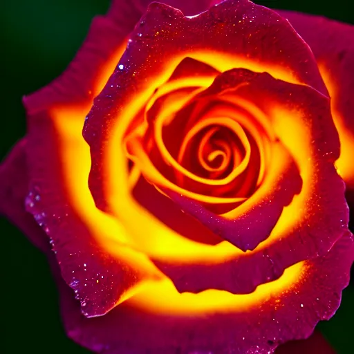 Prompt: award - winning macro of a beautiful!!! rose made of molten magma, inner glow, hyper - realistic