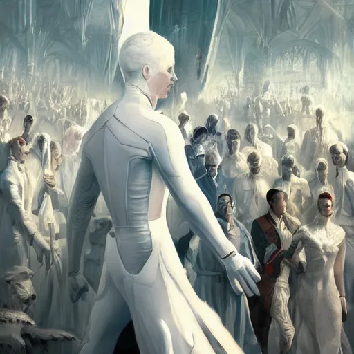 Prompt: portrait of a regal prince in futuristic white clothes, high collar, sharp cheekbones, hopeful expression, surrounded by a crowd of furious people out of focus, matte painting, digital art, stylized, highly detailed, by cedric peyravernay