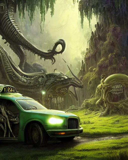 Image similar to xenomorph taxi car in a fantasy village, calming, uplifting mood, ultra realistic, farm, small buildings, alien car, highly detailed, atmosphere, masterpiece, epic lighting, elves, green plants, magic, illuminated, 4 k, cinematic, morning sun, art by eddie mendoza, sylvain sarrailh