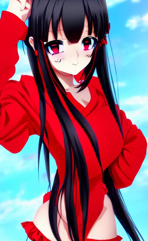 Image similar to anime girl with a detailed face and black hair in a red outfit, full body, trending, high quality, award winning, 4 k, 8 k, artstation,