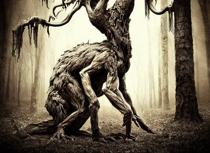 Prompt: an incredibly scary and very very unique monster creature of evil nature with animal, human and tree like characteristics, ancient folk legend in the forest, extremely creative and detailed, sepia photography