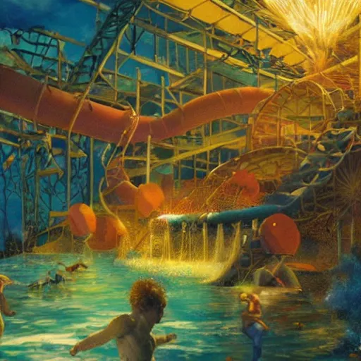 Prompt: exploding waterpark painting by brain froud, charles vess, cinematic lighting, epic composition, highly detailed