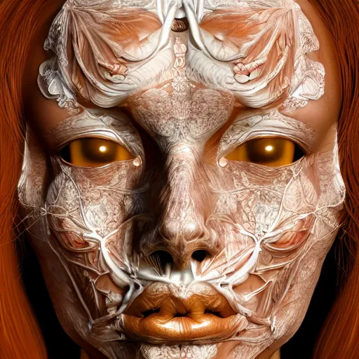 Image similar to beatifull face portrait of a woman, 150 mm, anatomical, flesh, flowers, mandelbrot fractal, facial muscles, veins, arteries, intricate, golden ratio, full frame, microscopic, elegant, highly detailed, ornate, ornament, sculpture, elegant , luxury, beautifully lit, ray trace, unreal, 3d, PBR, in the style of peter Gric , alex grey and Romero Ressendi