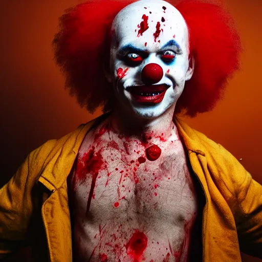 Prompt: full body head to toe shot of an expressionless clown with blood splattered on him, muted tones, slightly out of focus, found footage, dutch angle