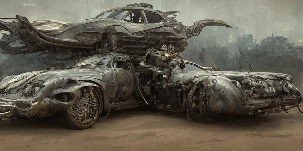 Image similar to full view of a car, intricate, elegant, highly detailed, digital painting, concept art, smooth, sharp focus, art style from wang ke and greg rutkowski and bruce kaiser and scott robertson and dmitry mazurkevich and doruk erdem and jon sibal, small style cue from blade runner and mad max