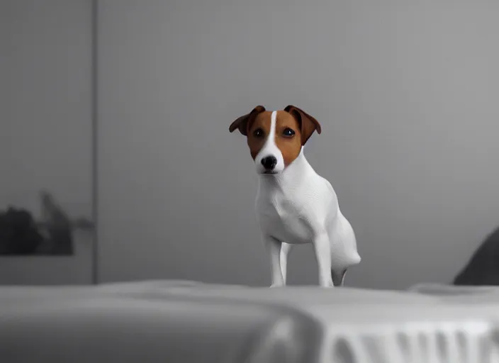 Image similar to photography of a Jack Russel . watching outside the window. on a bed .in a 3d rendered white room. octane render, 3d, foggy, volumetric light, volumetric fog, photorealistic, unreal engine 5, award winning photo, 100mm, sharp, cloth, high res