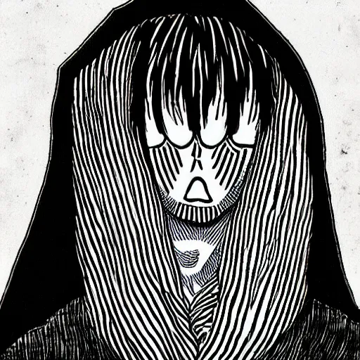 Prompt: hooded man with masked face, junji ito,