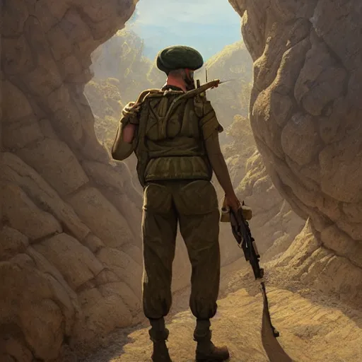 Image similar to desertpunk realism portrait face head eyes nose ears hat Corporal Marshall stands in full military regalia whilst wearing a tactical backpack anna podedworna arkhip kuindzhi raphael lacoste guillem h. pongiluppi grisaille