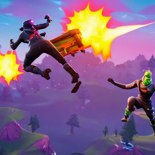 Prompt: Epic photo of fortnite ninja epic Duo Stunt trick with Blazed jumping 10 fortnite battle buses