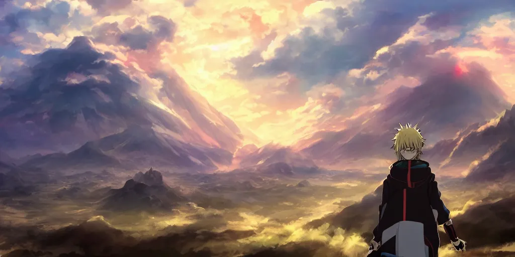 Prompt: anime character watching an apocalyptic landscape with mountains and the clouds are burning, hyperrealistic, trending on pixiv fanbox