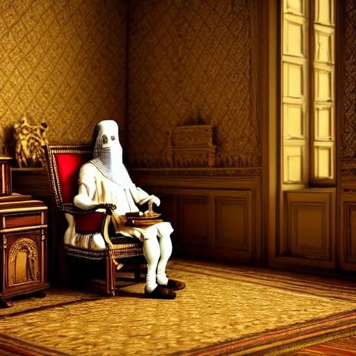 Image similar to An extremely detailed render of a mummy in very old clothes, sitting at his Louis XIV desk, with very old curtains in the room, very old room. The very very very old man has a 1880 phone on his desk. Dust in the air, god rays, raytracing shadows, ambient occlusion, 8K, RTX 3090, trending on artstation, lumens