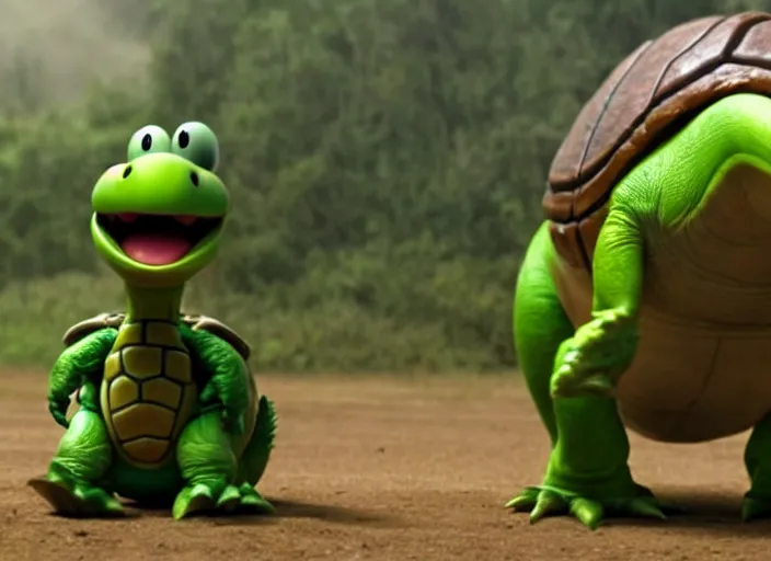 Image similar to film still of yoshi in the new sci - fi movie, cute upright standing upright upright dinosaur standing on its hind legs with a small turtle shell and long tongue, 8 k