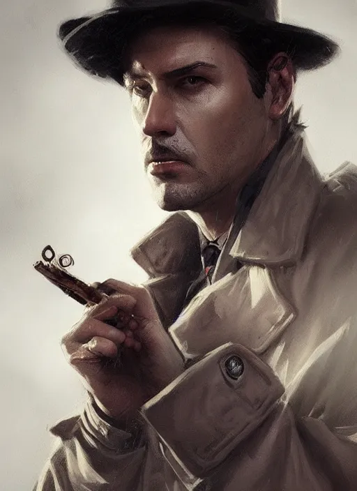 Image similar to portrait of a detective wearing trench coat and smoking puro, holding a sword, victorian, concept art, detailed face, fantasy, close up face, highly detailed, cinematic lighting, digital art painting by greg rutkowski