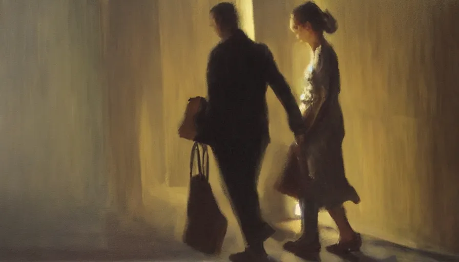 Image similar to oil painting, man leaving with her, cinematic lighting