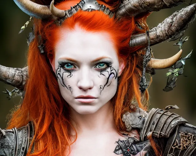 Image similar to 5 5 mm portrait photo of an armored gorgeous anesthetic redhead woman warrior with a face tattoo and horns growing from her head, in a magical forest in the style of stefan kostic, art by luis royo. highly detailed 8 k. intricate. lifelike. soft light. nikon d 8 5 0. cinematic post - processing