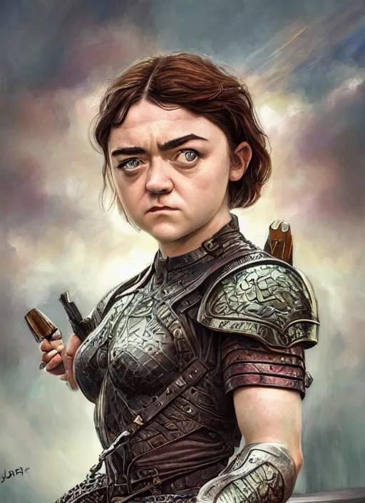 Image similar to Maisie Williams as a ruggedly muscled handsome heroine, rainbow background, intricate, elegant, highly detailed, centered, digital painting, artstation, concept art, smooth, sharp focus, illustration, artgerm, donato giancola, Joseph Christian Leyendecker, WLOP, Artgerm, thunder storm