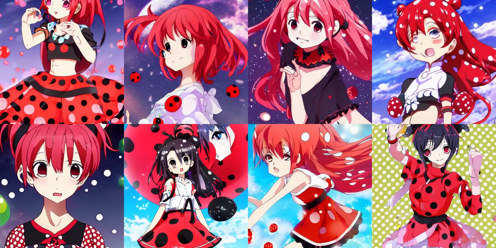 Prompt: anime key visual of a ladybug gijinka with red hair and space buns wearing a polka dot top and black skirt, vshojo, hololive