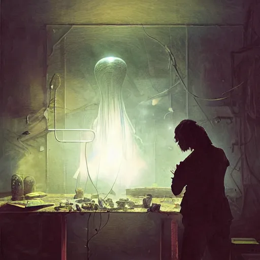 Image similar to an artist in his workshop discovering a strange alien otherworldly new form of matter, vivid caustics, realistic photography, beautiful interior, hyperrealism, incredible, award - winning photography, by greg rutkowski, lovecraftian