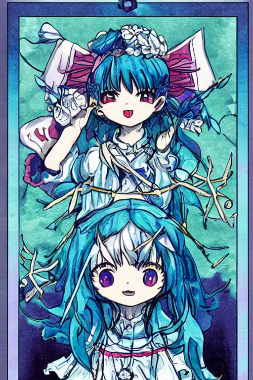 Image similar to cirno, touhou project, official artwork, intricate, amazing line work, colorful, tarot cards, the devil tarot card