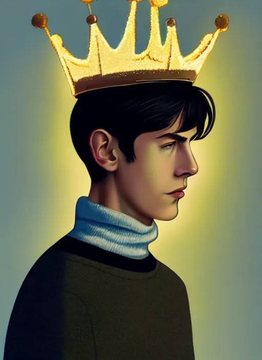 Image similar to portrait of teenage jughead jones wearing a light grey crown, crown, blue turtleneck, 1 9 5 0 s, closed eyes, photorealistic, black hair, glowing lighting, intricate, elegant, glowing lights, highly detailed, digital painting, artstation, concept art, smooth, sharp focus, illustration, art by wlop, mars ravelo and greg rutkowski