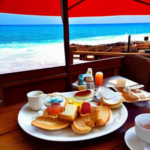 Prompt: beautiful breakfast with sea view