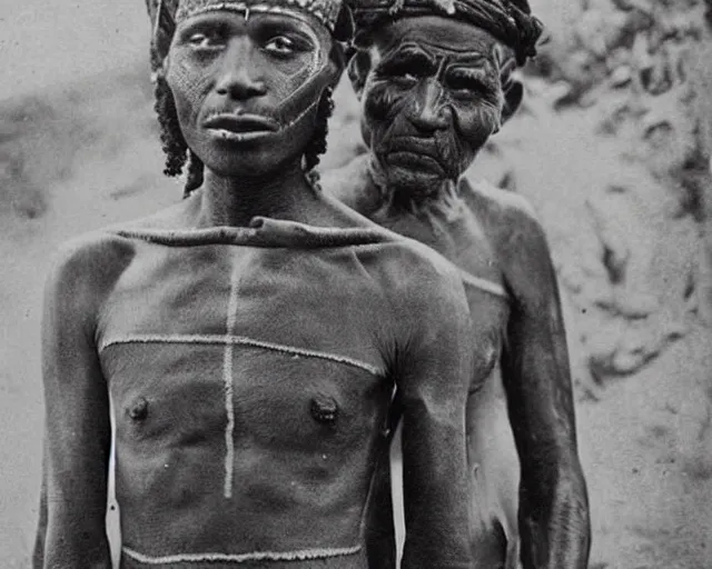 Image similar to 1 9 2 0 s black and white photographs of the lost tribes of del shoob and their amazing body art